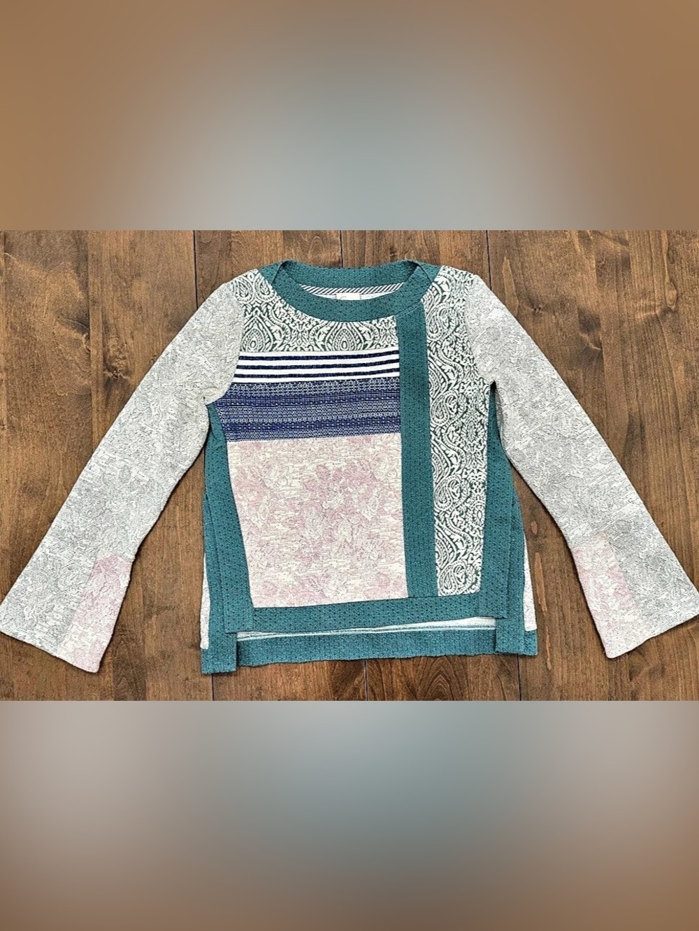 Anthropologie Latitudes Sweatshirt - textured pastel patchwork front with blue s